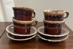 LOT OF 4 HULL POTTERY BROWN DRIP COFFEE CUPS VINTAGE MUGS & SAUCERS USA CRESTONE