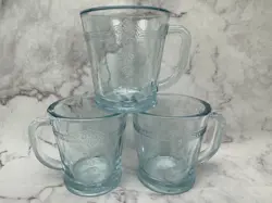 3 VINTAGE FIRE KING PHILBE BLUE SAPPHIRE COFFEE MUGS MARKED OVEN GLASS D HANDLE