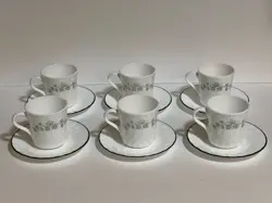 SET OF 6 VINTAGE CORNING CORELLE CALLAWAY GREEN IVY SWIRL COFFEE MUGS & SAUCERS