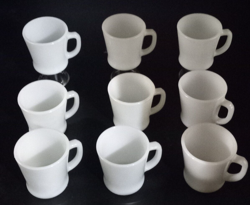 9 VINTAGE ANCHOR HOCKING WHITE MILK GLASS D-HANDLE COFFEE MUGS CUPS