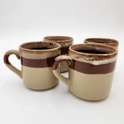 VINTAGE SET OF 4 BROWN DRIP GLAZE CERAMIC COFFEE MUGS