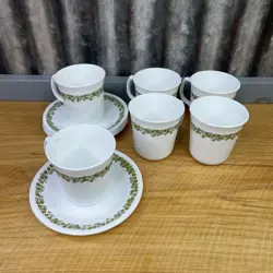 6 CORNING CORELLE PYREX SPRING BLOSSOM CRAZY DAISY CUPS MUGS AND SAUCERS VTG