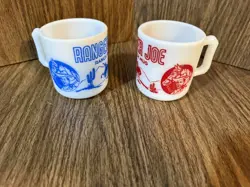 2 VINTAGE 1950S WHITE MILK GLASS & RED RANGER JOE RANCH KIDS MUG, RED & BLUE