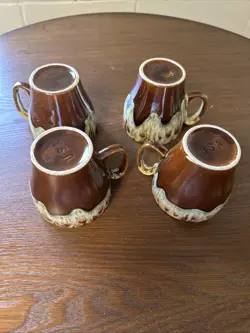 HULL POTTERY VINTAGE BROWN DRIP GLAZE OVEN PROOF COFFEE CUPS MUGS SET OF 4