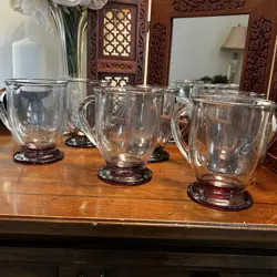 6 VINTAGE ANCHOR HOCKING RED FOOTED BASE CLEAR GLASS HEAVY COFFEE MUG