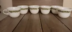 VINTAGE PYREX SET OF 6 SPRING BLOSSOM GREEN CRAZY DAISY COFFEE CUPS