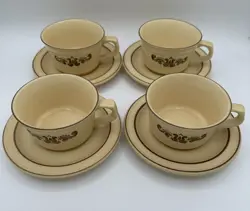 VINTAGE PFALTZGRAFF  VILLAGE BROWN TAN PATTERN 4 MUGS AND 4 SAUCERS