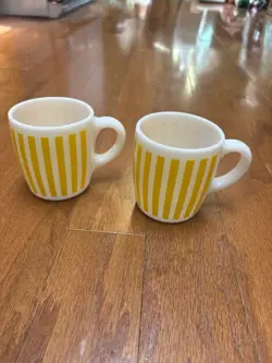 VINTAGE HAZEL ATLAS YELLOW CANDY STRIPE MILK GLASS COFFEE MUGS CUPS SET OF 2