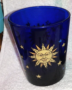 2 VINTAGE LIBBEY COBALT BLUE GLASS'S CELESTIAL SUN MOON STARS DRINKING GLASS