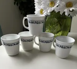 5 VINTAGE CORELLE OLD TOWN BLUE ONION MUGS CUPS #1410 GLASS CORELLE CORNING 8OZ
