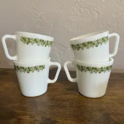 SET OF 4 VINTAGE PYREX COFFEE MUGS CRAZY DAISY SPRING BLOSSOM GREEN WHITE CUPS