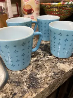 VINTAGE PYREX BLUE FOULARD MUG COFFEE CUP  RETRO ATOMIC STARBURST SET OF 4