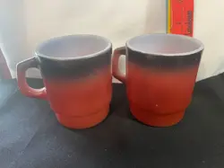 2 VINTAGE ANCHOR HOCKING FIRE KING RED / BROWN STACKING COFFEE CUP MUG HANDLE