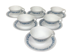 SET 6 VTG CORELLE PYREX OLD TOWN BLUE ONION HOOK HANDLE COFFEE CUP MUGS SAUCERS