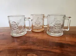 LOT OF 3 VINTAGE DEPRESSION GLASS HUMPTY DUMPTY AND TOM TOM THE PIPER’S SON MUGS