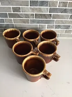 SET 6 VINTAGE HULL BROWN DRIP POTTERY MUGS COFFEE CUPS BEAUTIFUL & HEAVY  U.S.A.