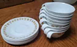 SET OF 8 VINTAGE CORELLE GOLDEN BUTTERFLY HOOK HANDLE CUPS MUGS W/SAUCERS