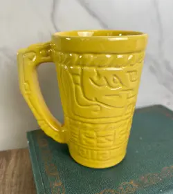 VINTAGE FRANKOMA POTTERY YELLOW COFFEE MUG - MAYAN - AZTEC PATTERN