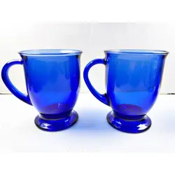 ANCHOR HOCKING COBALT BLUE COFFEE MUGS FOOTED VINTAGE SET OF 2