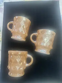VTG 3 FIRE KING KIMBERLY DIAMOND MUGS PEACH ORANGE LUSTER