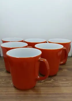 PYREX CORNING BURNT ORANGE 10 OZ COFFEE MUGS/CUPS, SET OF 6 (MADE IN USA) VTG