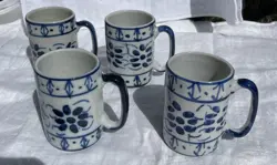 4 HAND PAINTED PORCELAIN M. SIAO-MG SIAO MG BLUE WHITE CUP MUG BRAZIL VINTAGE