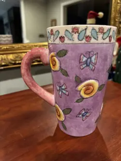 VINTAGE SANGO 16OZ LATTE MUG FEATURED BUTTERFLIES AND ROSES, SUE LAPKIN