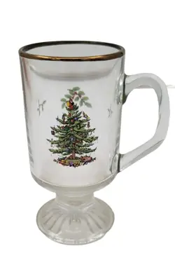 VINTAGE SPODE CHRISTMAS TREE AND HOLLY IRISH COFFEE MUG GLASS GOLD TRIM