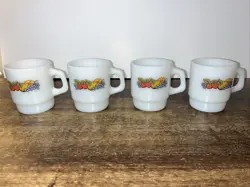VTG FIRE KING SET OF 4 FRUIT MILK GLASS MUGS  ANCHOR HOCKING NATURES BOUNTY MCM