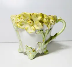 VINTAGE HAND MADE PORCELAIN MUSTACHE MUG CUP FLORAL GREEN GOLD INSIDE 3 TALL