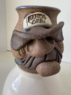 VTG 80'S MAHON SIGNED 3D SCULPTED MAN FACE W/MUSTACHE  STONEWARE MUG  HANDS OFF