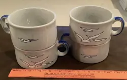 VTG OTAGIRI GRAY BLUE SEAGULLS NAUTICAL STONEWARE LG SOUP BOWLS COFFEE MUGS 4