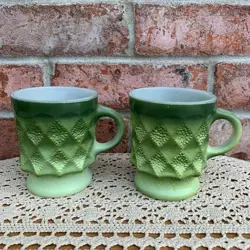 VINTAGE ANCHOR HOCKING FIRE KING KIMBERLY DIAMOND MILK GLASS MUGS GREEN OMBR