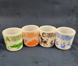 SET OF 4 VINTAGE MCM HAZEL ATLAS MILK GLASS KIDDIEWARE ALPHABET MILK MUG A,B,C,D