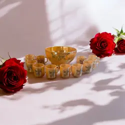 VINTAGE FIRE KING PEACH LUSTRE TOM & JERRY PUNCH BOWL, PEDESTAL, & 12 MUGS