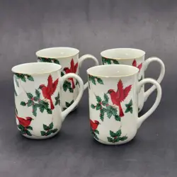 VTG LEFTON CHRISTMAS CARDINAL & HOLLY WHITE COFFEE MUG CUP JAPAN 1993 SET OF 4