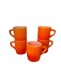 VINTAGE  ANCHOR HOCKING FIRE KING ORANGE OMBRE MILK GLASS STACKING SET OF 5 MUGS