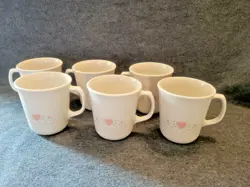 SET OF 6 VINTAGE CORELLE BY CORNING FOREVER YOURS COFFEE MUGS,  PINK HEARTS