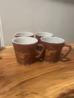 PYREX EARLY AMERICANA GOLD EAGLE BROWN #1410 MUG 10 OZ. EUC USA #22 VTG SET OF 4