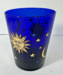 VINTAGE LIBBEY CELESTIAL SUN MOON STARS COBALT BLUE GLASS TUMBLER 4.5