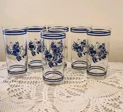 VINTAGE PFALTZGRAFF FOLK ART CLEAR WITH BIRD PRINT DRINKING GLASS SET OF 6 EUC