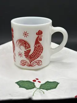 VTG HAZEL ATLAS PLATONITE MILK GLASS RED ROOSTER ROOSTER MUG/CUP EXCELLENT COND