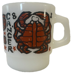 VINTAGE FIRE KING ANCHOR HOCKING ZODIAC MUG CUP CANCER SIGN CRAB MILK GLASS