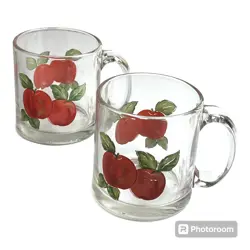 2 VINTAGE APPLE PATTERN CLEAR GLASS MUG CUP MADE IN USA COTTAGE CORE FARMHOUSE