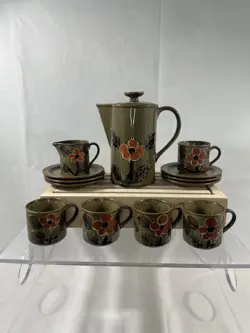 VTG 70S OTAGIRI STYLE JAPAN STONEWARE FLORAL 13PC COFFEE SET KETTLE MUGS SAUCERS