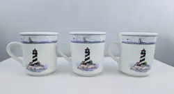 STONEWARE COASTAL LIGHTHOUSE NAUTICAL COFFEE MUGS TEA CUPS LOT OF 3 VTG