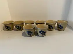 VINTAGE PFALTZGRAFF VINTAGE FOLK ART CUSTARD DESSERT CUP TAN WITH BLUE SET OF 8