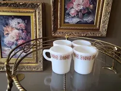VINTAGE MILK GLASS MUGS, PYREX AND ANCHOR HOCKING, BROWN LINE  4 SET