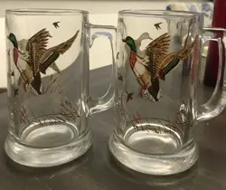 2 VINTAGE LIBBEY GLASS DUCK MALLARD WATERFOWL BEER TANKARD MUG STEIN