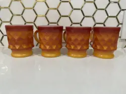 FIRE KING ANCHOR HOCKING COFFEE MUG CUP KIMBERLY DIAMOND ORANGE SET OF 4 VINTAGE